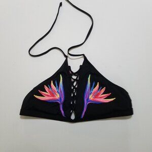 PINK Victoria's Secret Embroidered Swim Padded Bikini Top Black Size L